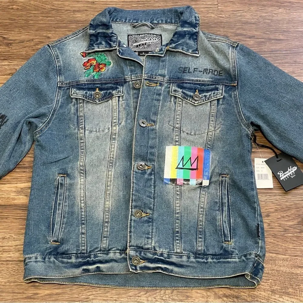 NWT Brooklyn Cloth Artistic Denim Jacket with Colorful Patches Streetwear Size S
